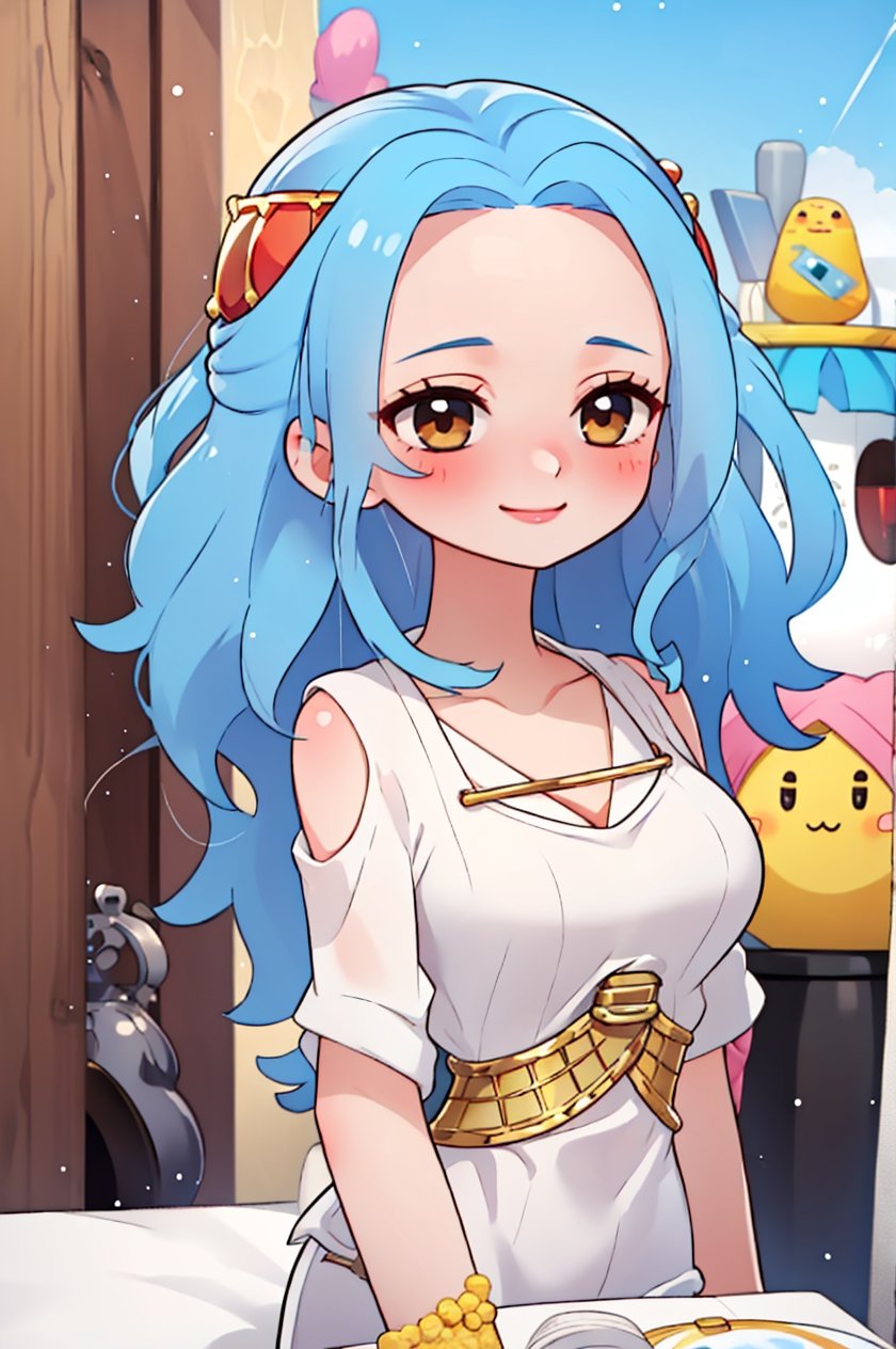 nefertari vivi,blue hair,1girl,beautiful,big breasts , perfect body, perfect face, total body,perfect anatomy,masterpiece, animegirl , sharp focus,blushing,small smile,casual outfit,sexy,3d animation