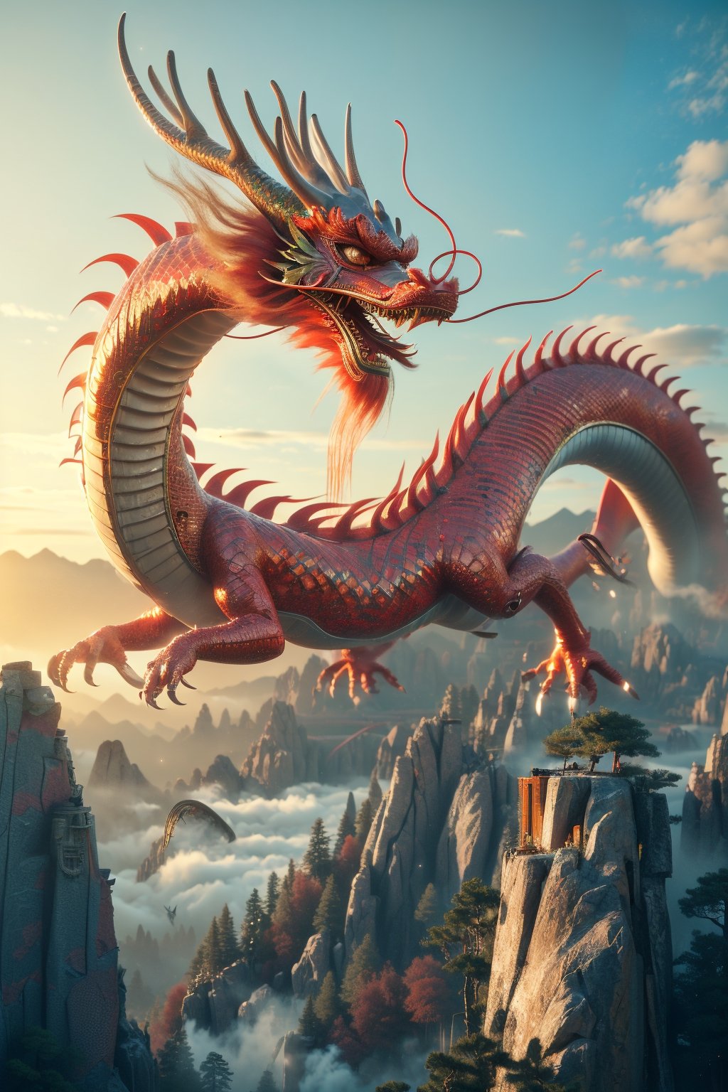 3d animation, an ancient chinese dragon, full body dragon flying, photo, stunning fantasy world background,ancient chinese dragon