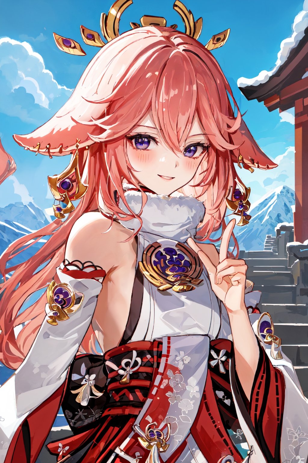 ((white and red full lenght fur coat, fur trim)), yaemikodef, upper body, smile, blush, outdoors, day, simple background, blue sky, short hair, sky, temple, looking at viewer, stairs, mountain, moody lighting, facing viewer,intricate printing pattern ,3d animation