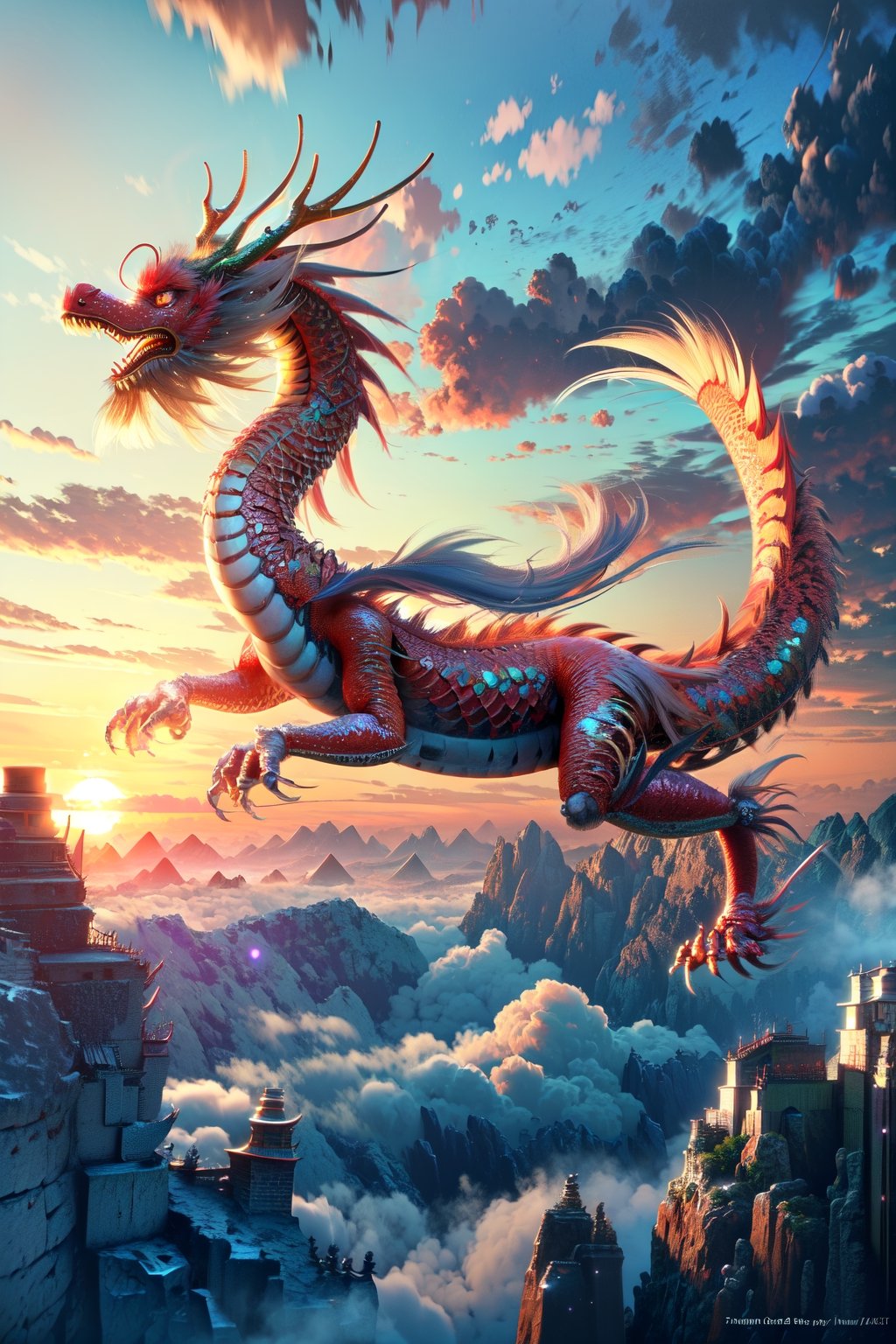 3d animation, an ancient chinese dragon, full body dragon flying, photo, stunning fantasy world background,ancient chinese dragon