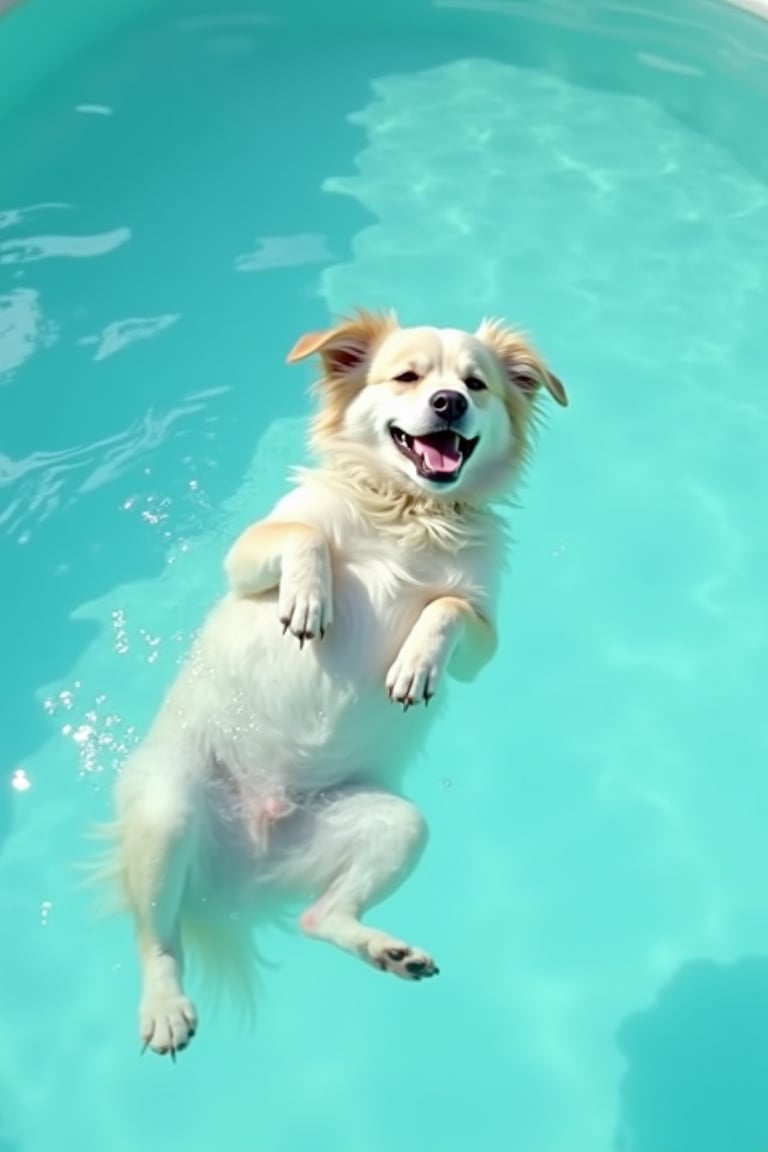 a dog floating in a body of water in the pool, Lean back,clear and transparent water, light white and turquoise,y2k aesthetic,soft and dreamy colors,brightly colored, popular Instagram, high level of detail,realistic photo feeling