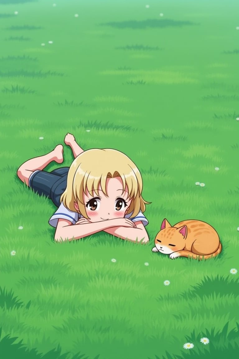 An anime girl lying in the middle of a green meadow with two arms under her head and a cat sleeping next to her, overlooking the angle, looking down from a distance, Ghibli style.