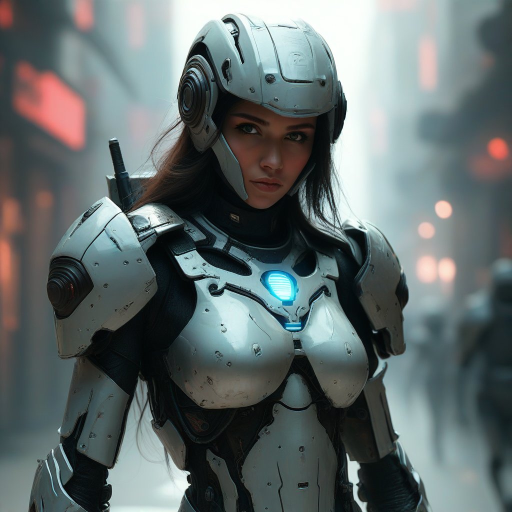 A futuristic female warrior wearing armored suit with high-tech details.