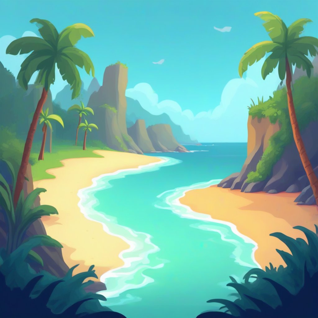 beach scene, flat 2D side-scrolling adventure game