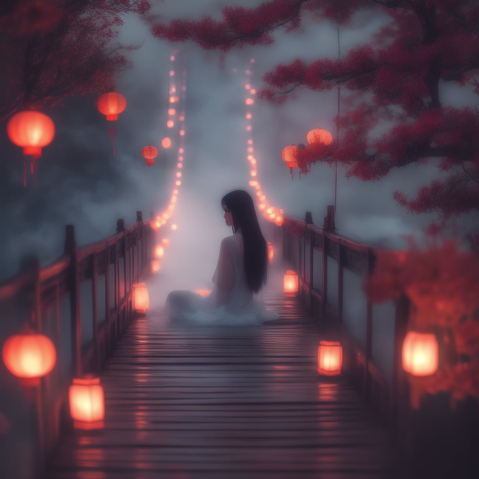 (masterpiece, best quality:1.2), upper body, ((1 beauty girl)), ((wearing clothes)), solo, ((lying pose)), The mysterious Chinese wooden suspension bridge is endlessly long, floating in the mist, on both sides of the bridge are fallen lanterns, on both sides of the river are decorated with red spider lilies, ethereal lighting, delicate smoke effects, dreamlike background , the symbol symbolizes the spiritual journey and reunion, gentle pastel colors, quiet atmosphere, chinese hell theme, cinematic, dark scene,