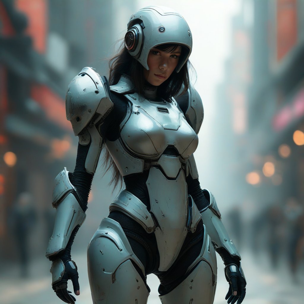 A futuristic female warrior wearing armored suit with high-tech details.