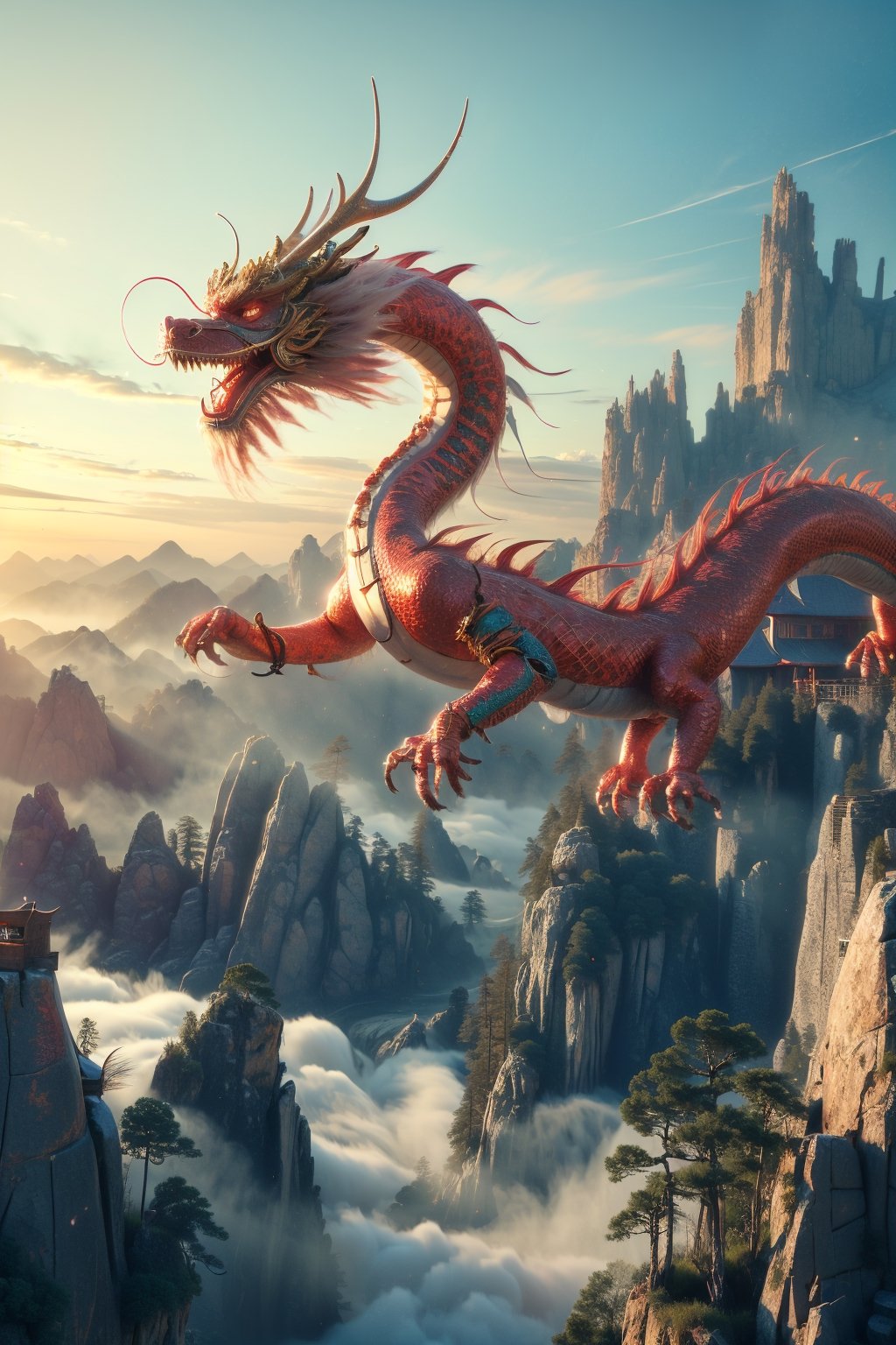 3d animation, an ancient chinese dragon, full body dragon flying, photo, stunning fantasy world background,ancient chinese dragon