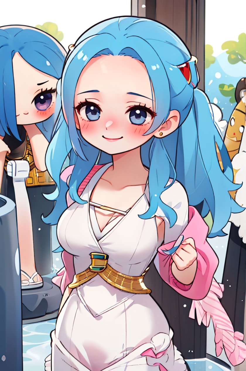 nefertari vivi,blue hair,1girl,beautiful,big breasts , perfect body, perfect face, total body,perfect anatomy,masterpiece, animegirl , sharp focus,blushing,small smile,casual outfit,sexy,3d animation