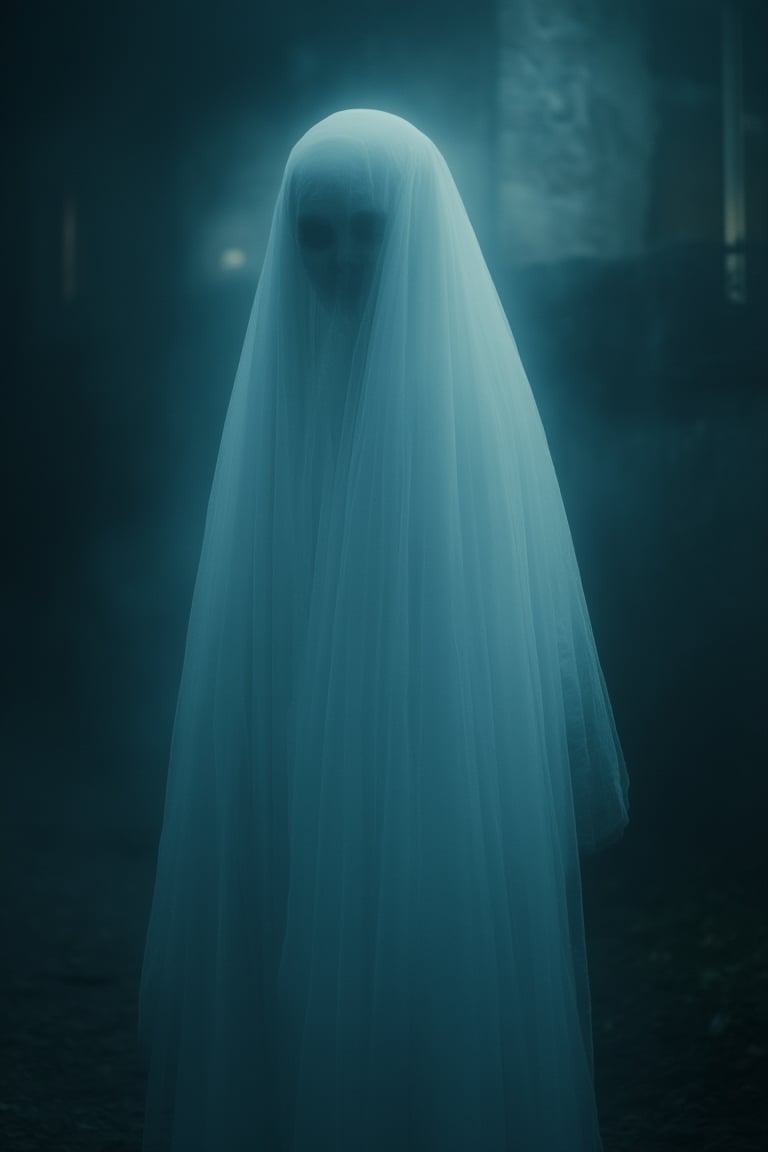 photo of a ghost, transparent blurry, looking at viewer, transparent veil, standing, white dress, fog, night, darkness, 8k, depth of field,VNS_Ghost