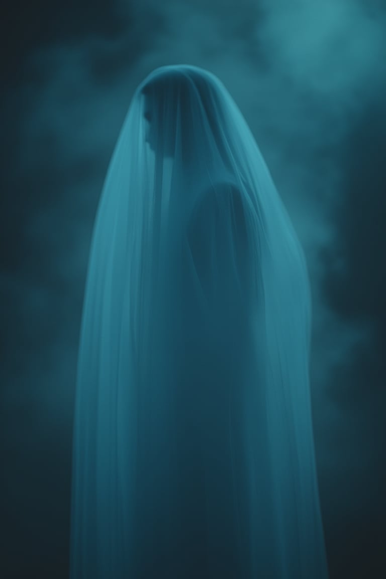 photo of a ghost, transparent blurry, looking at viewer, transparent veil, standing, white dress, fog, night, darkness, 8k, depth of field,VNS_Ghost