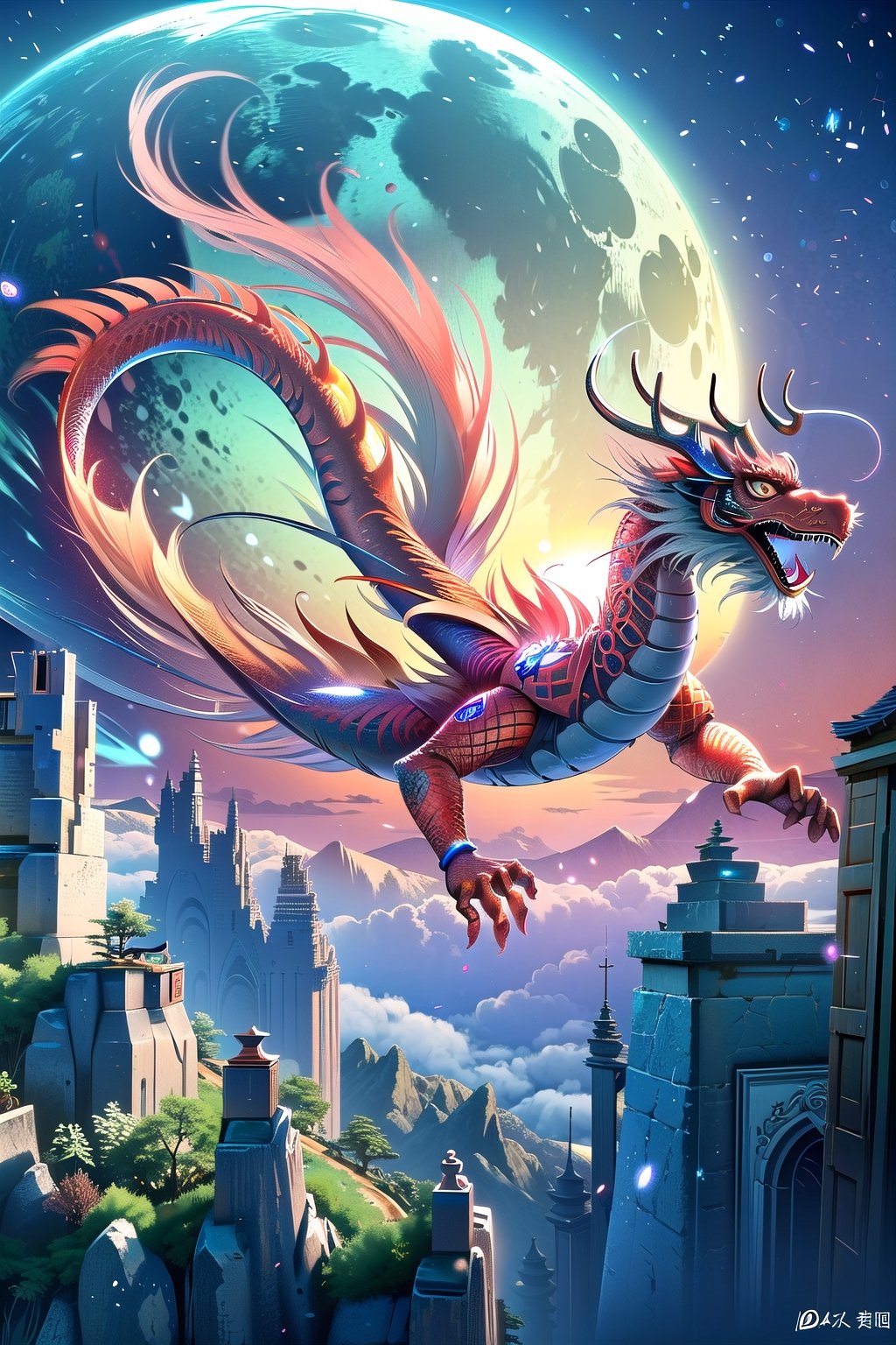 3d animation, ancient chinese dragon, full body dragon flying, photo, stunning fantasy world background,ancient chinese dragon