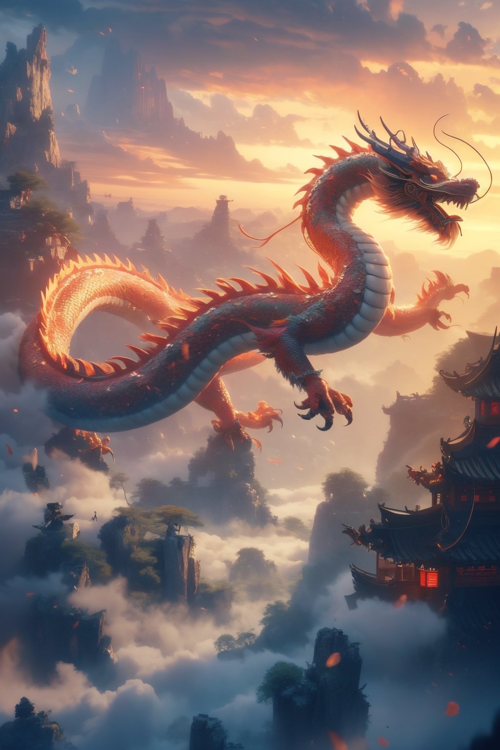 3d animation, an ancient chinese dragon, full body dragon flying, photo, stunning fantasy world background,ancient chinese dragon