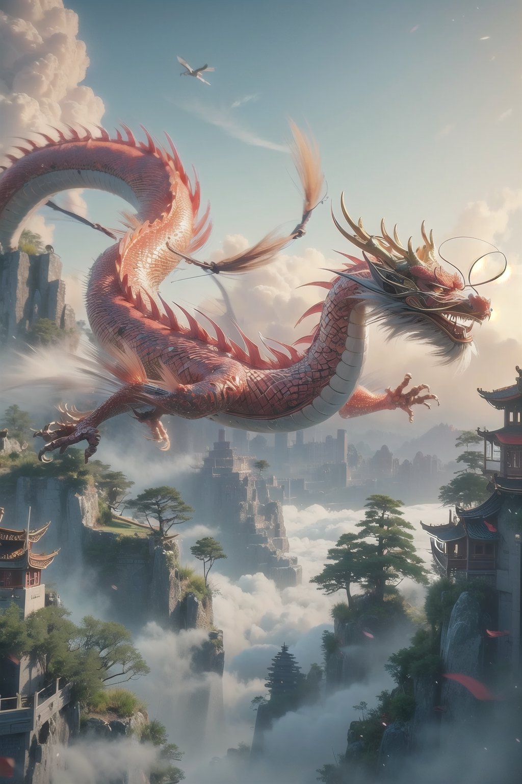 3d animation, an ancient chinese dragon, full body dragon flying, photo, stunning fantasy world background,ancient chinese dragon