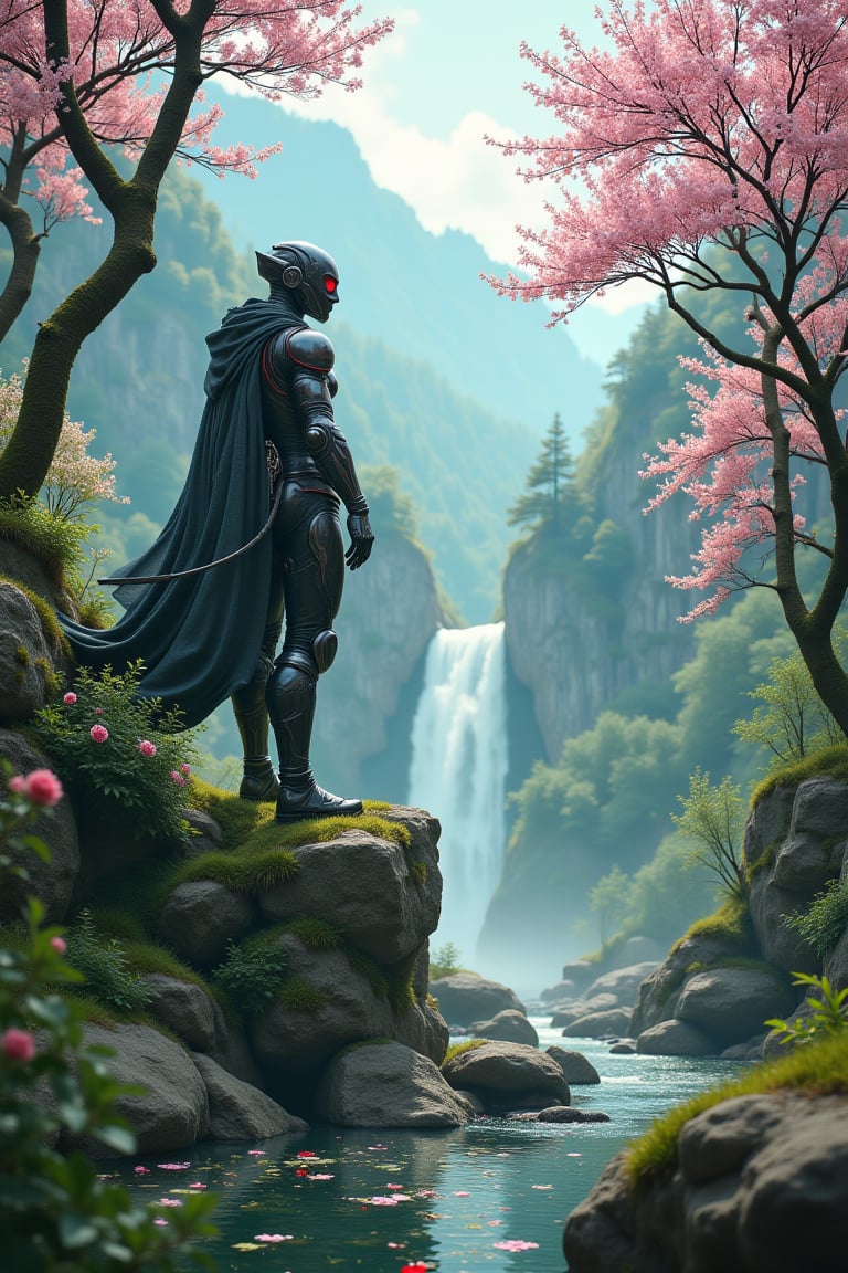 Masterpiece, best quality, 8K, high res, ultra-detailed, A stunning fantasy scene, adorned by vibrant flowers, towering pines, and delicate bamboo groves,no humans, sakura, beautiful view, ultra-detailed, fine detailed, highly detailed, intricate, highly detailed, ultra-detailed, scenery,no humans, lush green mountains, winding rivers, misty atmosphere, solitary, intricate details, delicate features, verdant trees, blooming flowers, druid's circle, soft moss, deep forest, intricate leaves and vines, wisps of light, still pool of water, pristine, verdant green, A picturesque scene of a waterfall cascading down a high cliff amongst lush greenery, adorned by vibrant flowers, towering pines, and delicate bamboo groves.a close up of a robot with a red eye and a sword, movie still of a villain cyborg, inspired by Raymond Swanland, wearing witchblade armor, movie still of a alien cyborg, style of raymond swanland, crysis nanosuit, intricate assasin mecha armor, face of an armored villian, movie still of a cool cyborg
