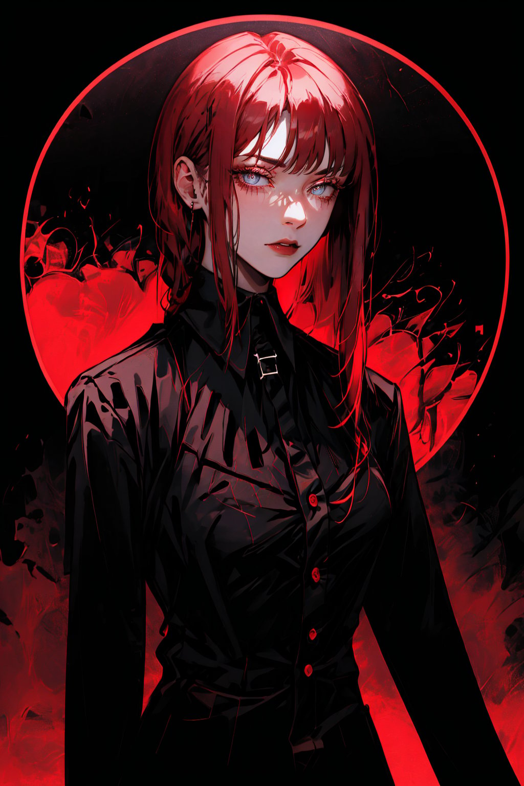 , black background, ((masterpiece,best quality)), absurdres, upper body,  red glow, makima, braided ponytail, ringed eyes,collared shirt, black necktie, black pants, red hair, yellow eyes, (masterpiece),scenery,incredibly absurdres,high detail eyes,Detail