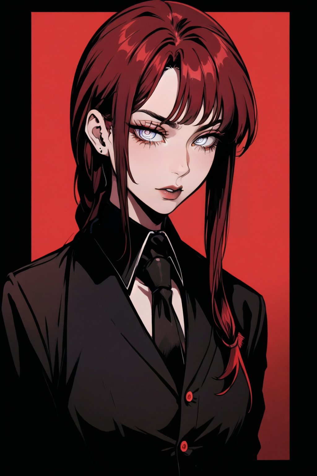 , black background, ((masterpiece,best quality)), absurdres, upper body,  red glow, makima, braided ponytail, ringed eyes,collared shirt, black necktie, black pants, red hair, yellow eyes, (masterpiece),scenery,incredibly absurdres,high detail eyes,Detail