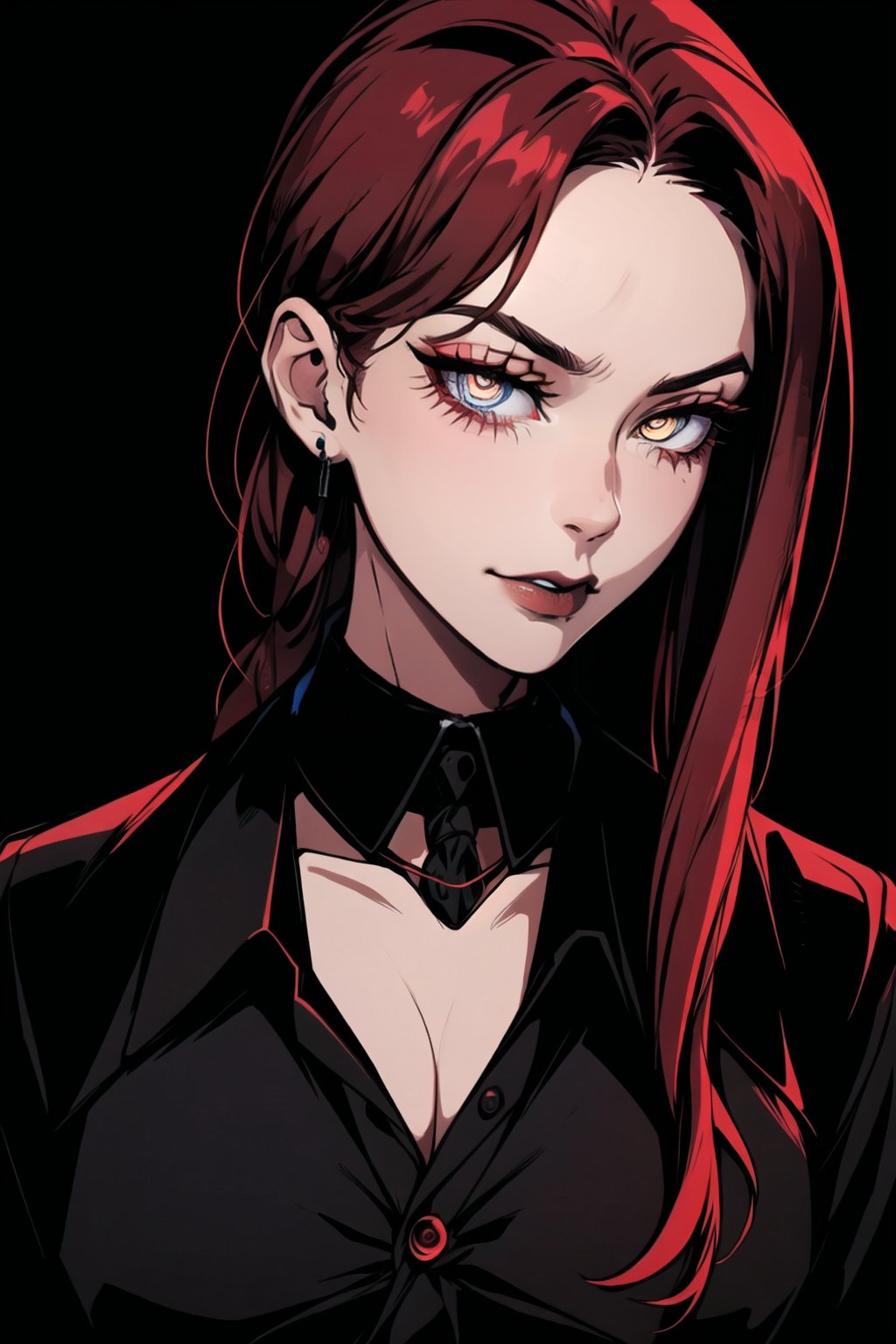 , black background, ((masterpiece,best quality)), absurdres, upper body,  red glow, makima, braided ponytail, ringed eyes,collared shirt, black necktie, black pants, red hair, yellow eyes, (masterpiece),scenery,incredibly absurdres,high detail eyes,Detail