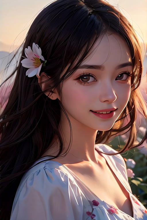 a 25 years old girl, Close up face, Shooting light, morning fog, Floral dress, Square neck, Roses, Soft skin, Long wavy hair, old anime, Backlight, smile face, Flower field, wind on hair, Backlight extremely 