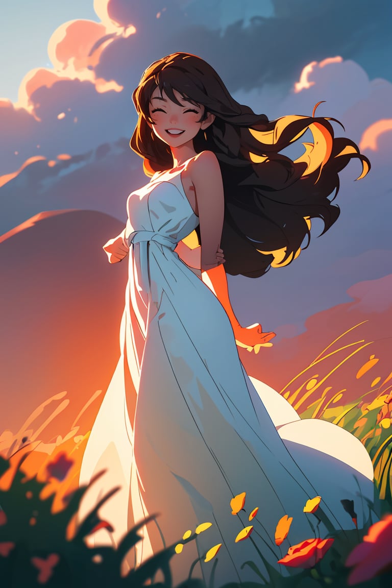 (best quality, masterpiece), 1girl, potrait, cloudy sky, extremely backlight, Wild flowers, contrapposto, alternate hairstyle, (pose), rose on arms,(expression), Smile with close eyes, (Hair), Long hair, Black brown hair, windy hair, (lighting), Baclight, Foggy, Blurry, Sunrise, (Dress), Long dress, cream dress