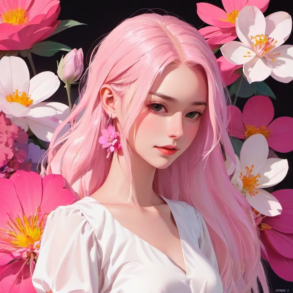 portrait,woman,white_dress, colorful, darkbackground,pink_flower,white theme,dfdd,2d_animated,niji5,long_pink_hair