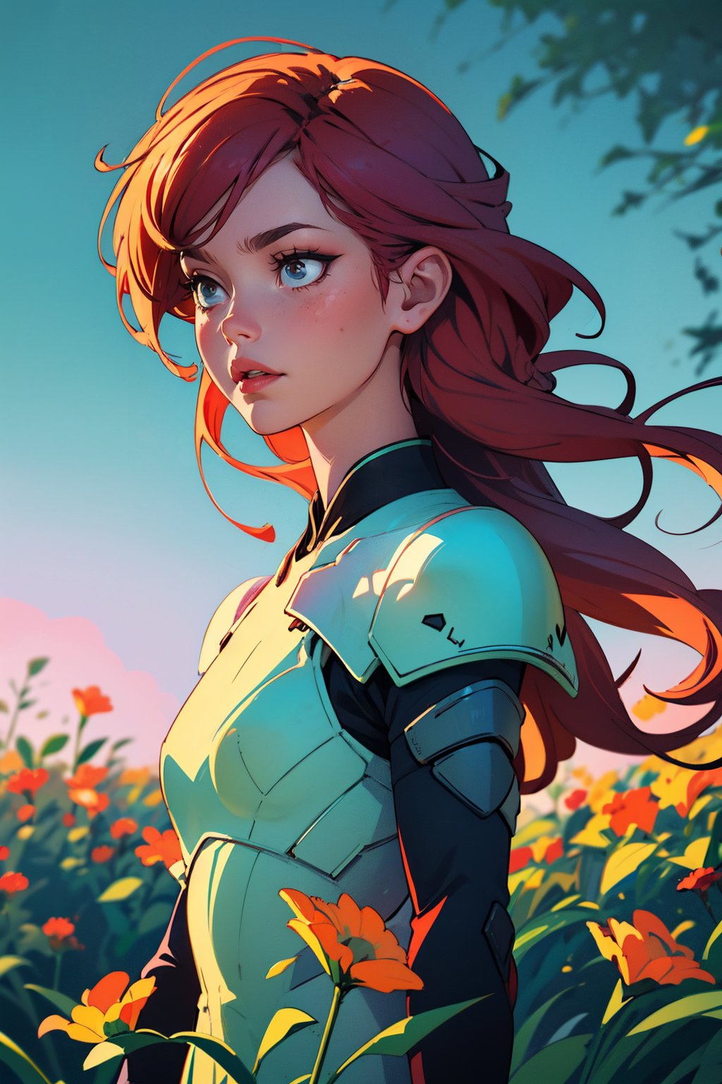 woman with red hair, long hair, flower dress, broken white, sunrise background, flower armor, green theme,exposure blend, medium shot, bokeh, (hdr:1.4), high contrast, (cinematic, teal and orange:0.85), (muted colors, dim colors, soothing tones:1.3), low saturation,