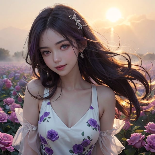 a 25 years old girl, Close up face, Shooting light, morning fog, Floral dress, Square neck dress, Roses, Soft skin, Long wavy hair, old anime, Backlight, smile face, Flower field, wind on hair, Backlight extremely, light_purple_eyes, Purple hair,  