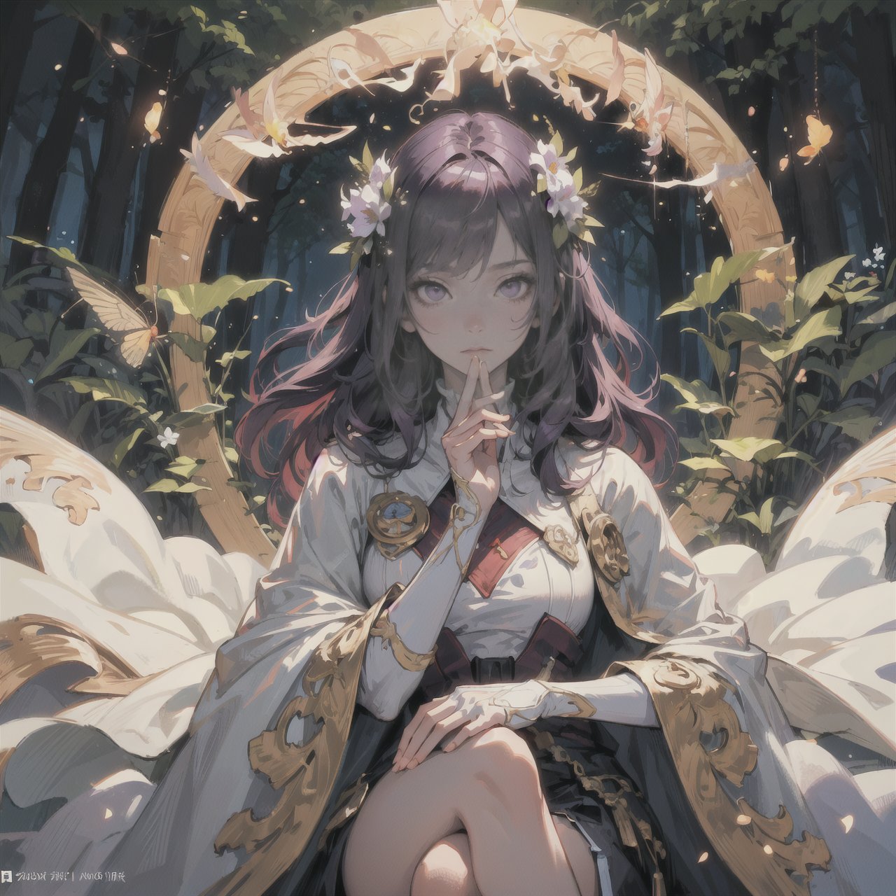 (masterpiece, best quality), 1girl, solo, (the empress:1.15), Purple hair, long hair, (Cream cape), burgundy dress, old dress, Fog, (Night, fireflies Flower, forest), expressionless, Purple eyes, very long hair, (art nouveau:1.2), alphonse mucha, flower, (face focus, upper body), sit, ( Bando ) Leave, crossing legs, highly intricate details, realistic light, mad, magical power