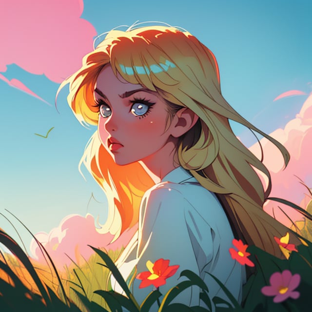 (best quality, masterpiece), 1girl, Long hair, Potrait, face detail, Blonde hair, shilly girl, vintage, sunset sky, Retro vibes, 90's style, 90's vibe, vintage dress, (lighting), Backlight, Extremely focus, Wild flower grass