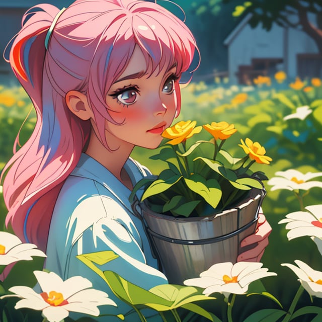 (best quality, masterpiece), 1girl, Long hair, Potrait, face detail, pink hair, shilly girl, vintage, watering the flowers, bucket shop