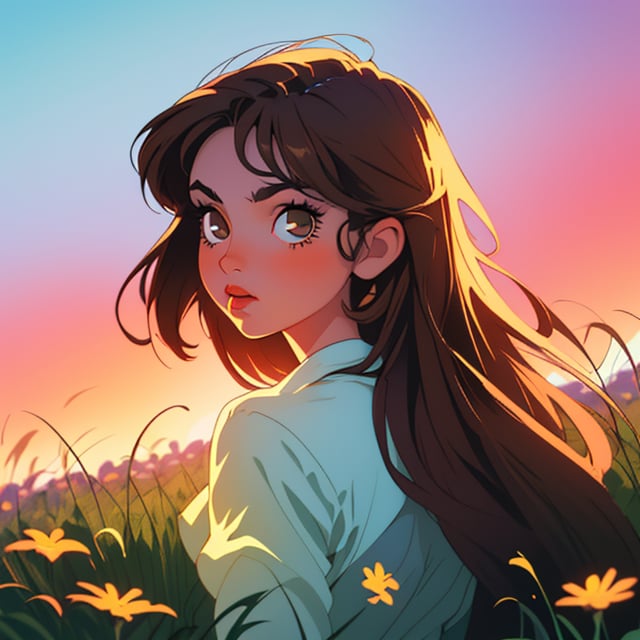 (best quality, masterpiece), 1girl, Long hair, Potrait, face detail, brown hair, shilly girl, vintage, sunset sky, Retro vibes, 90's style, 90's vibe, vintage dress, (lighting), Backlight, Extremely focus, Wild flower grass