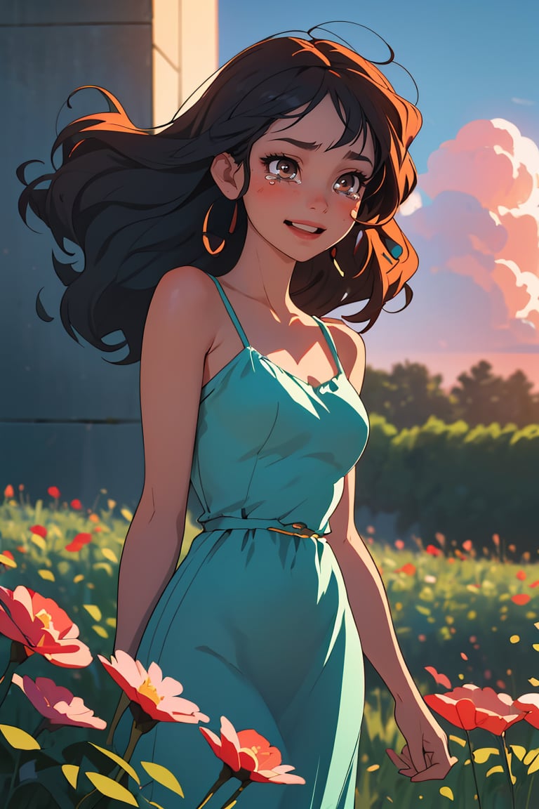 (best quality, masterpiece), 1girl, potrait, Close up face, cloudy sky, extremely backlight, Wild flowers, contrapposto, Wavy hairstyle, (pose), rose on arms,(expression), Smile with tears, (Hair), Long hair, Black brown hair, windy hair, (lighting), Baclight, Foggy extremely, Blurry, Sunrise, (Dress), Long dress, old dress,  dusty dress, (Dreamy filter)