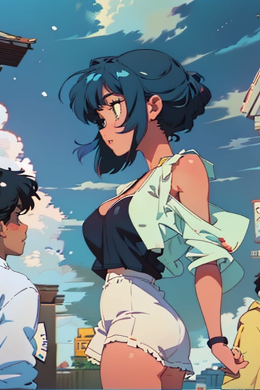 young girl with short mightnight blue hair, bangs over her olive green eyes, tanned skin, dull gaze and expression, black bikini top with violet laces, summer day at the beach, clear sky and few snow-white clouds, beautifulbig breasts, 1girl, sole-female, female_solo,ayanamirei, retro anime style, perfectly drawn, highly detailed, intricate,