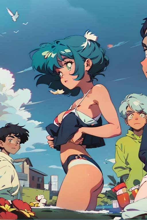 young girl with short mightnight blue hair, bangs over her olive green eyes, tanned skin, dull gaze and expression, black bikini top with violet laces, summer day at the beach, clear sky and few snow-white clouds, beautifulbig breasts, 1girl, sole-female, female_solo,ayanamirei, retro anime style, perfectly drawn, highly detailed, intricate,