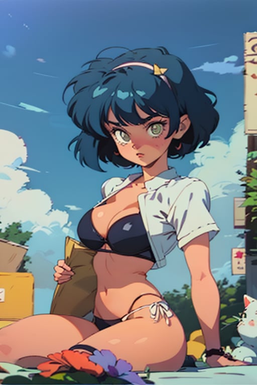 young girl with short mightnight blue hair, bangs over her olive green eyes, tanned skin, dull gaze and expression, black bikini top with violet laces, summer day at the beach, clear sky and few snow-white clouds, beautifulbig breasts, 1girl, sole-female, female_solo,ayanamirei, retro anime style, perfectly drawn, highly detailed, intricate,