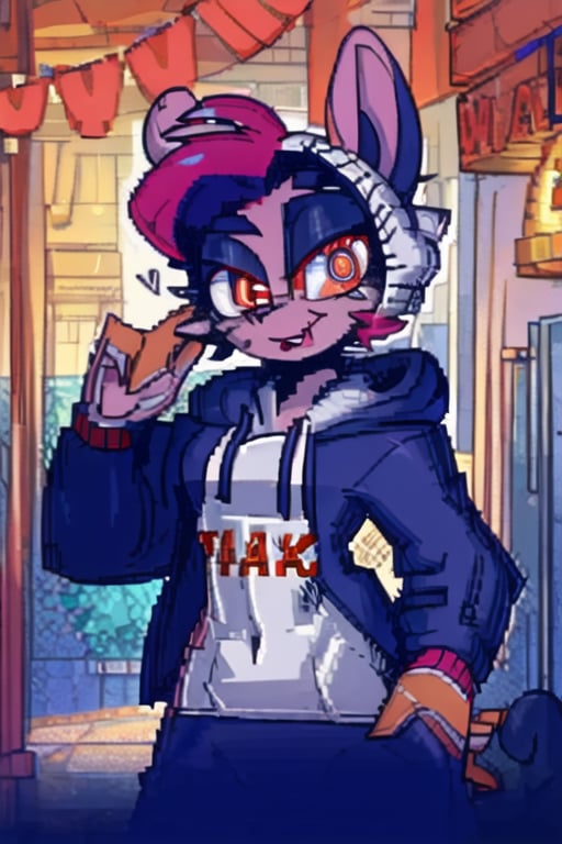 masterpiece, best quality, solo, male character (femboy), pink hair, red eyes, round opossum ears, opossum girl, anthropomorphous opossum, gray hoodie with opossum print, ,chibi,PixelArt,meowscles