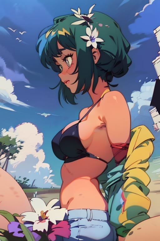 young girl with short mightnight blue hair, bangs over her olive green eyes, tanned skin, dull gaze and expression, black bikini top with violet laces, summer day at the beach, clear sky and few snow-white clouds, beautifulbig breasts, 1girl, sole-female, female_solo,ayanamirei, retro anime style, perfectly drawn, highly detailed, intricate,