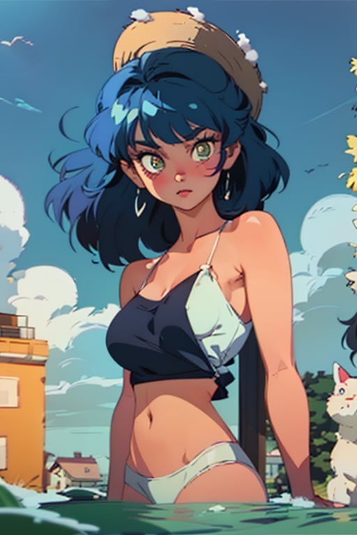 young girl with short mightnight blue hair, bangs over her olive green eyes, tanned skin, dull gaze and expression, black bikini top with violet laces, summer day at the beach, clear sky and few snow-white clouds, beautifulbig breasts, 1girl, sole-female, female_solo,ayanamirei, retro anime style, perfectly drawn, highly detailed, intricate,