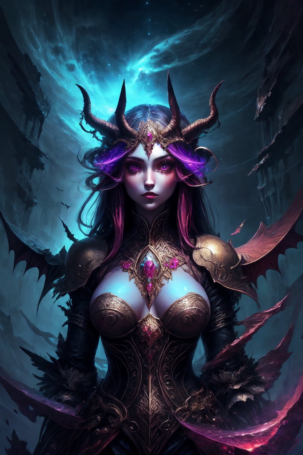 ethereal fantasy concept art of girl with horns and bat wings on her back, demon lord, beautiful, gorgeous, luxurious, magnificent, celestial, ethereal, painterly, epic, majestic, magical, fantasy art, cover art, dreamy