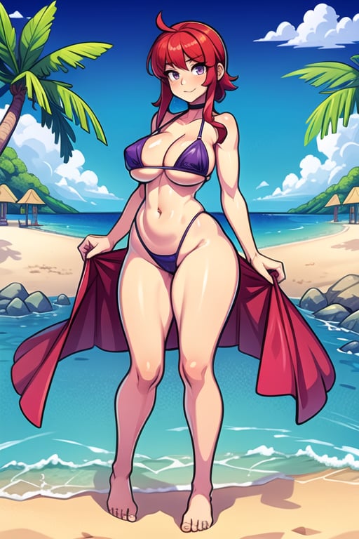 1GIRL, (thick_hips:0.8), purple_eyes, red_hair, short_hair_with_long_locks, bikini, standing, beach bar, looking_at_viewer, full_body, sexy, beautiful, perfect, attractive, hands_on_chest, busty breasts , PixelArt