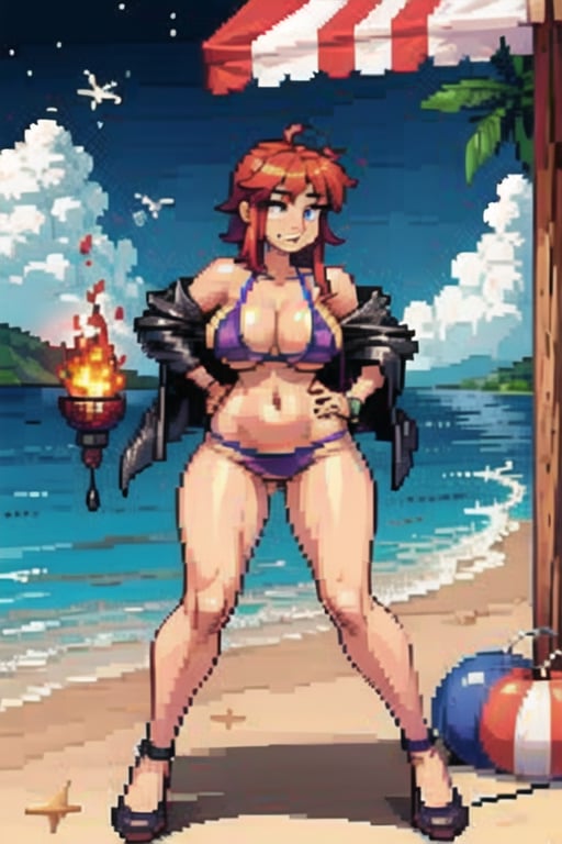 1GIRL, (thick_hips:0.8), purple_eyes, fire_hair, short_hair_with_long_locks, bikini, standing, beach bar, looking_at_viewer, full_body, sexy, beautiful, perfect, attractive, hands_on_chest, busty breasts , PixelArt