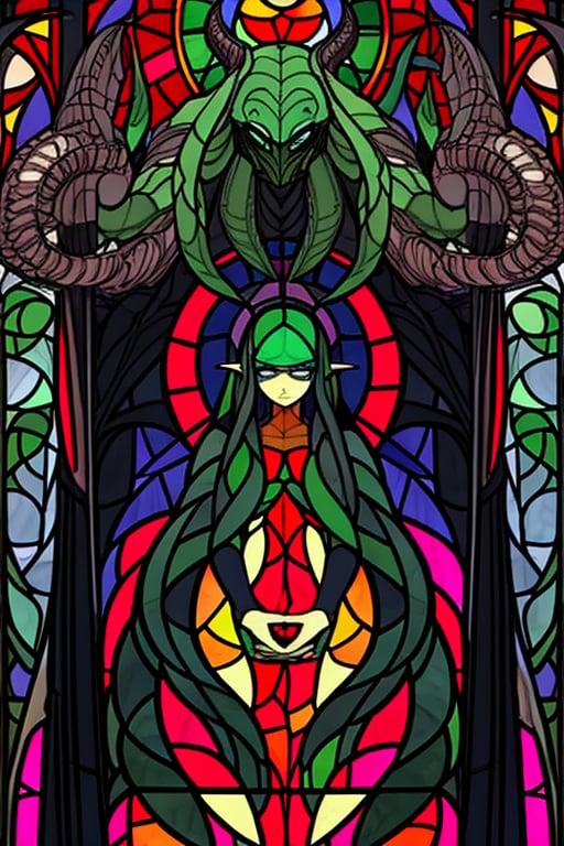 masterpiece, best quality, Cthulhu , staind glass, flat color, lineart, abstract, ornate, outline only, no shading, 