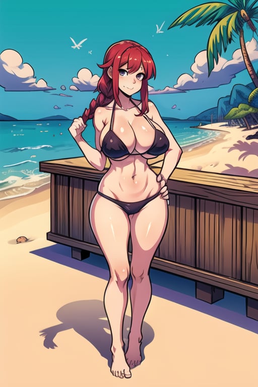 1GIRL, (thick_hips:0.8), purple_eyes, red_hair, short_hair_with_long_locks, bikini, standing, beach bar, looking_at_viewer, full_body, sexy, beautiful, perfect, attractive, hands_on_chest, busty breasts , PixelArt