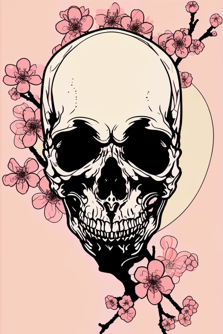 Human Skull , skull_graphics , Mari Inukai, Pat Perry, Michael DeForge,oni style vector ink style, cherry blossoms in the background 