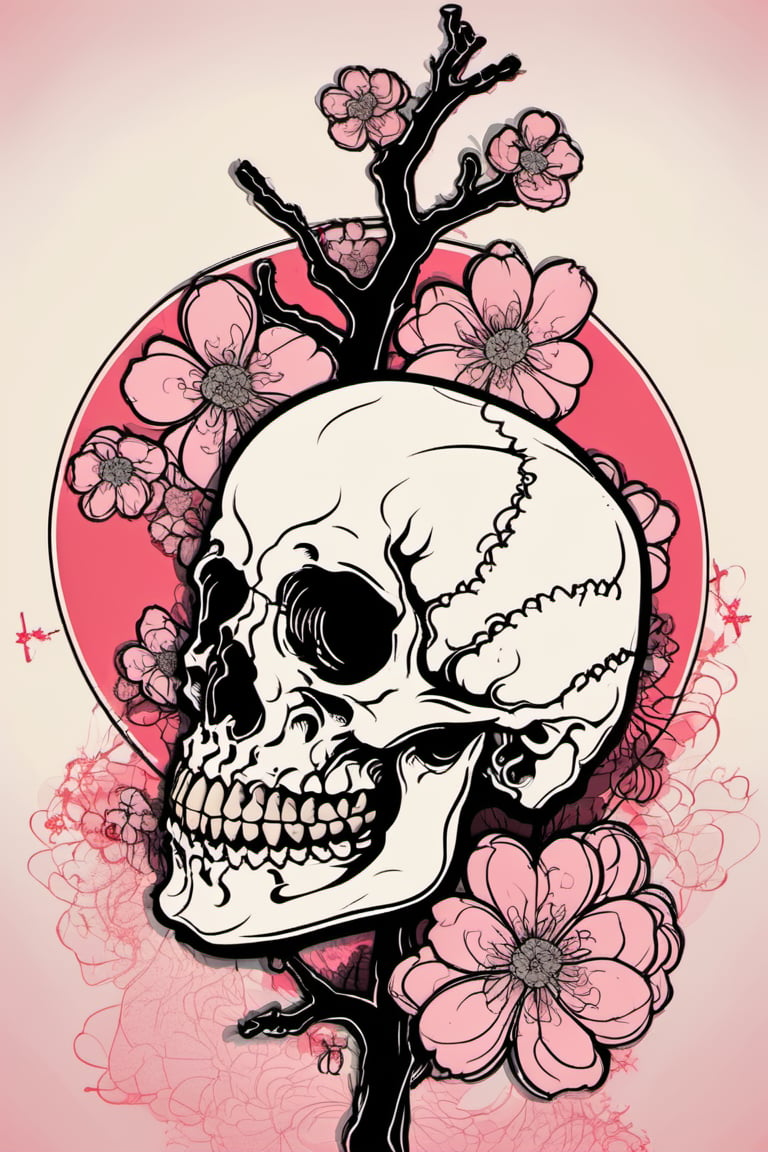 Human Skull , skull_graphics , Mari Inukai, Pat Perry, Michael DeForge,oni style vector ink style, cherry blossoms in the background 