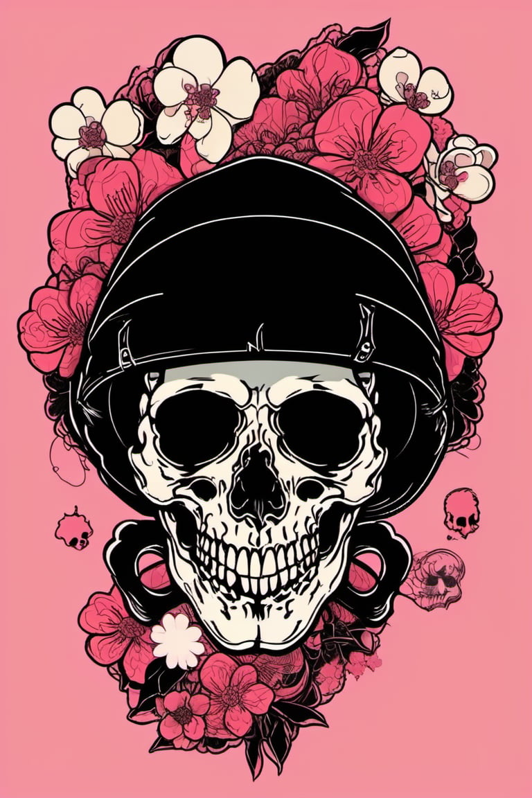 Human Skull , skull_graphics , Mari Inukai, Pat Perry, Michael DeForge,oni style vector ink style, cherry blossoms in the background 