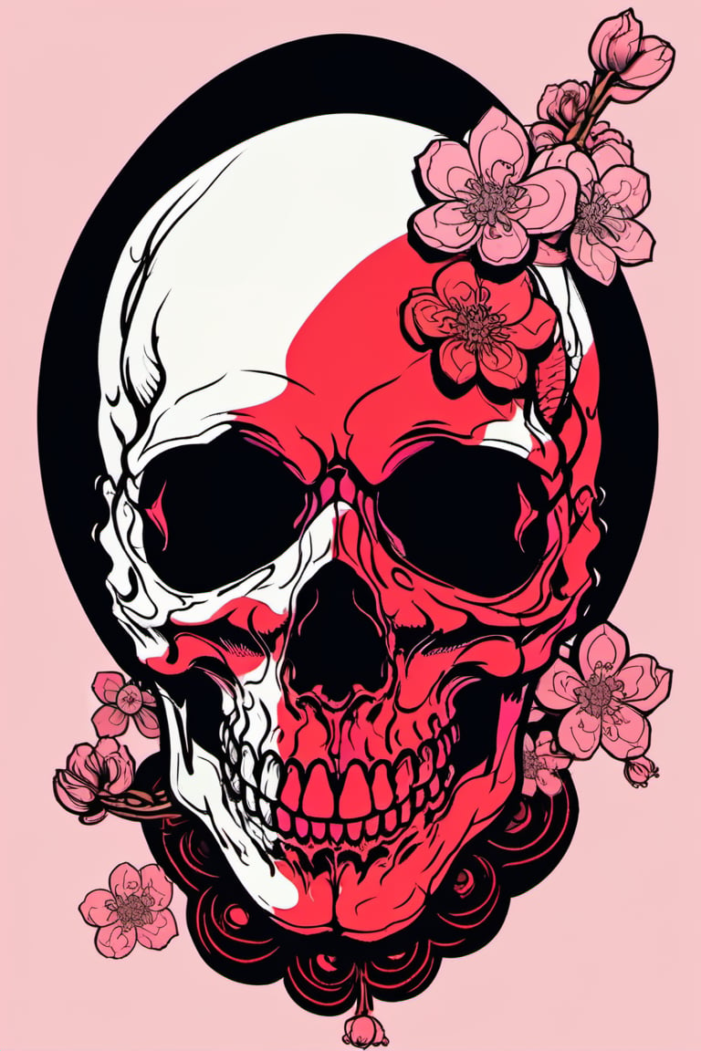 Human Skull , skull_graphics , Mari Inukai, Pat Perry, Michael DeForge,oni style vector ink style, cherry blossoms in the background 