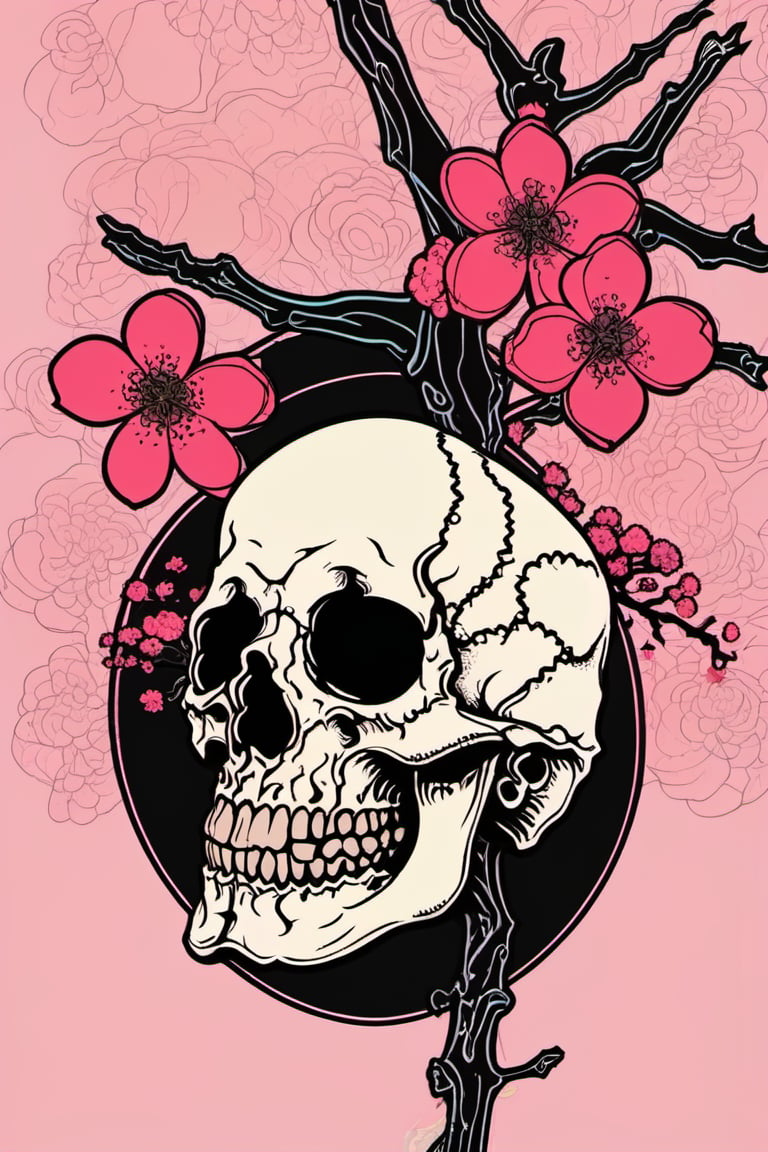 Human Skull , skull_graphics , Mari Inukai, Pat Perry, Michael DeForge,oni style vector ink style, cherry blossoms in the background 