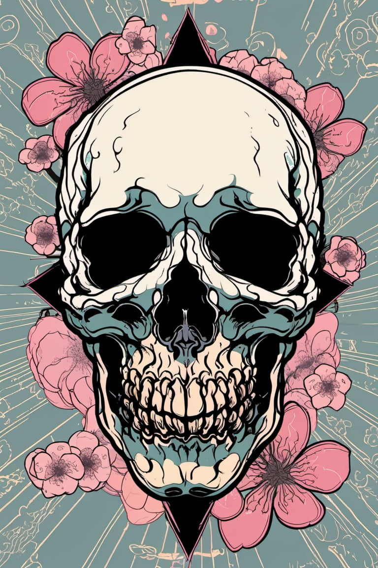 Human Skull , skull_graphics , Mari Inukai, Pat Perry, Michael DeForge,oni style vector ink style, cherry blossoms in the background 