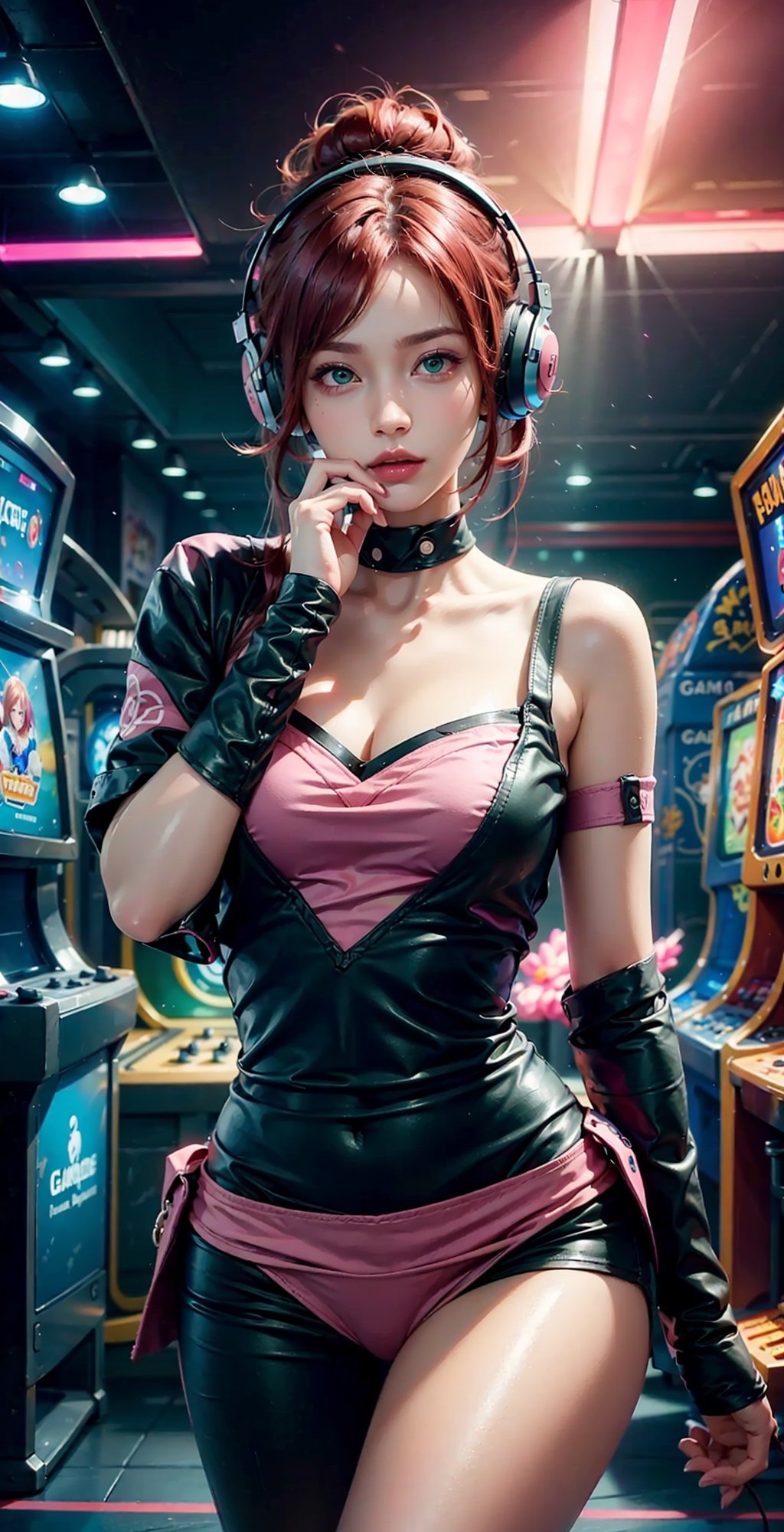 photography awards, masterpiece, red hair, green eyes, photorealistic, high resolution, soft light, pink vikini, 1women, solo, hips up, Gamer girl, Game center, arcade, shining skin, dynamic pose, bright, Game center background, high background detail, dim light, night, pink headphone