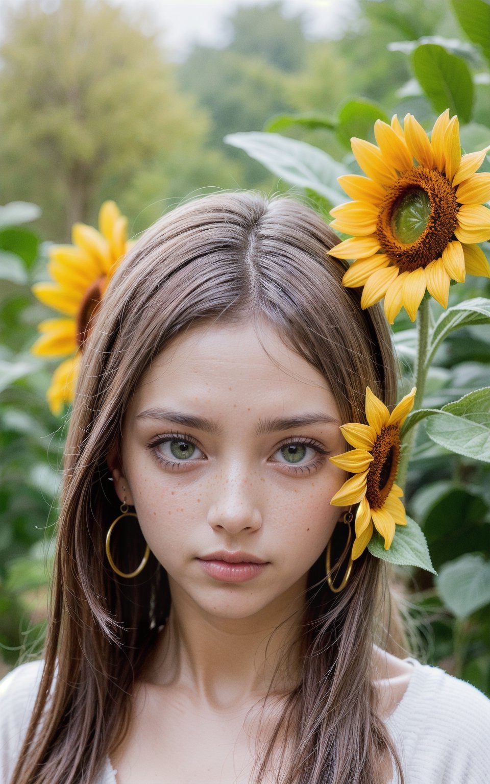 (watercolor:1.2),1girl, solo, flower, sunflower,freckles, portrait, leaf, bangs, signature, yellow flower, brown hair, long hair, green eyes, hair between eyes, flower earrings